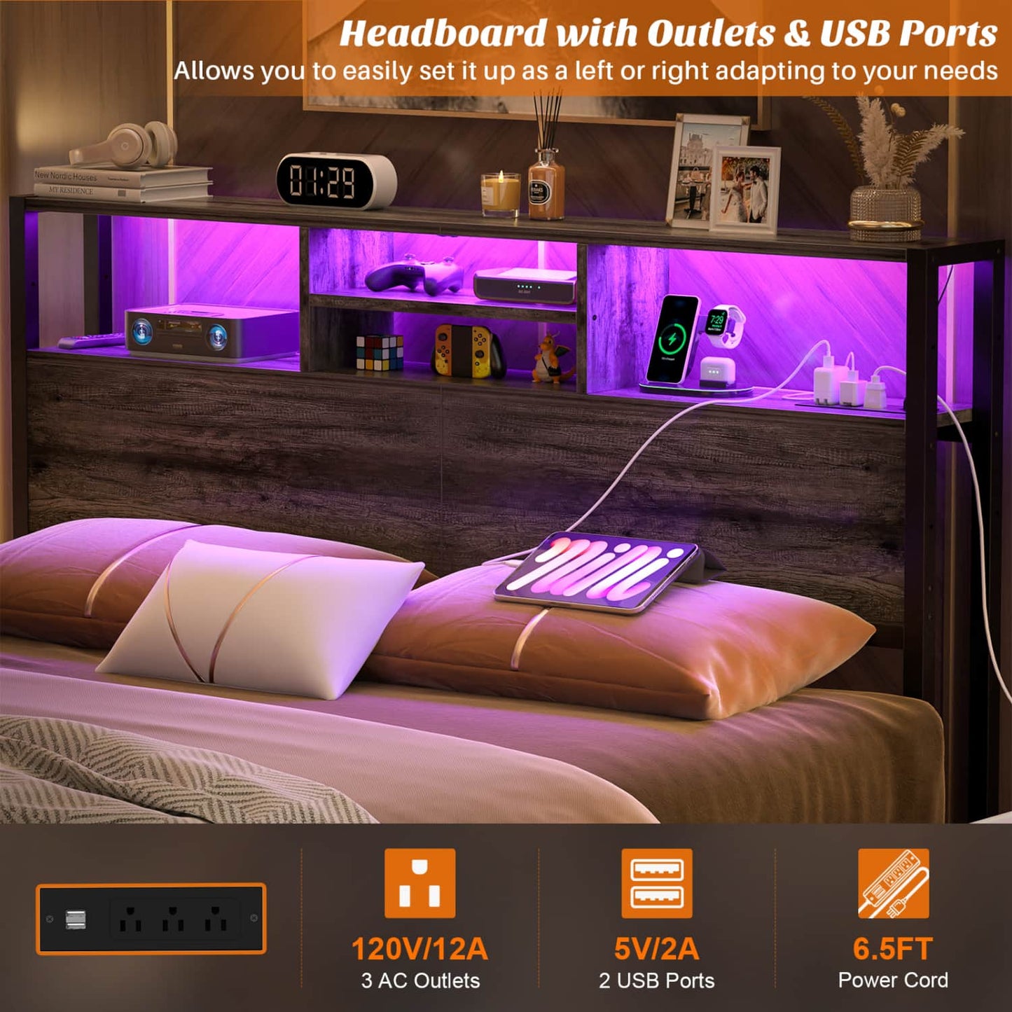 Queen Headboard with Charging Station, Storage Head Board for Bedframe