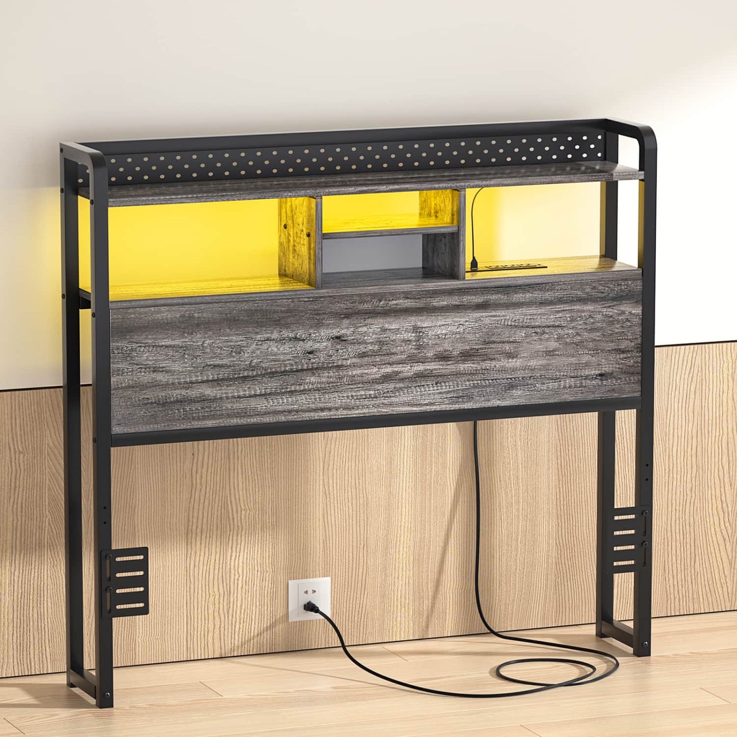 Twin Storage Headboard with Led Lights & Charging Station