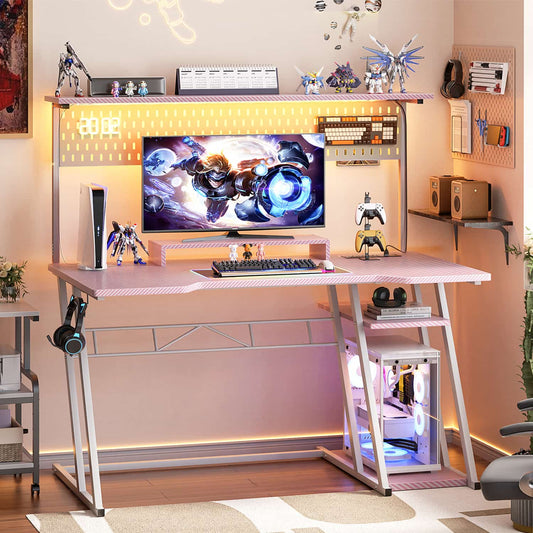 47-In Gaming Desk with Charging Station, Computer Desk with Hutch and Pegboard