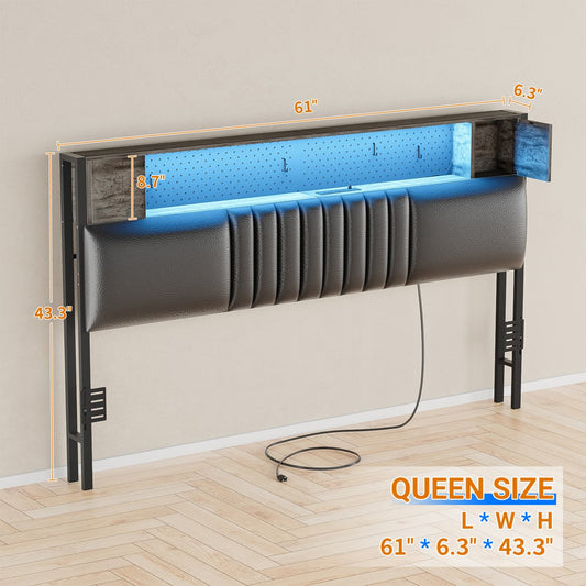 Storage Headboard with Charging Station and LED Light