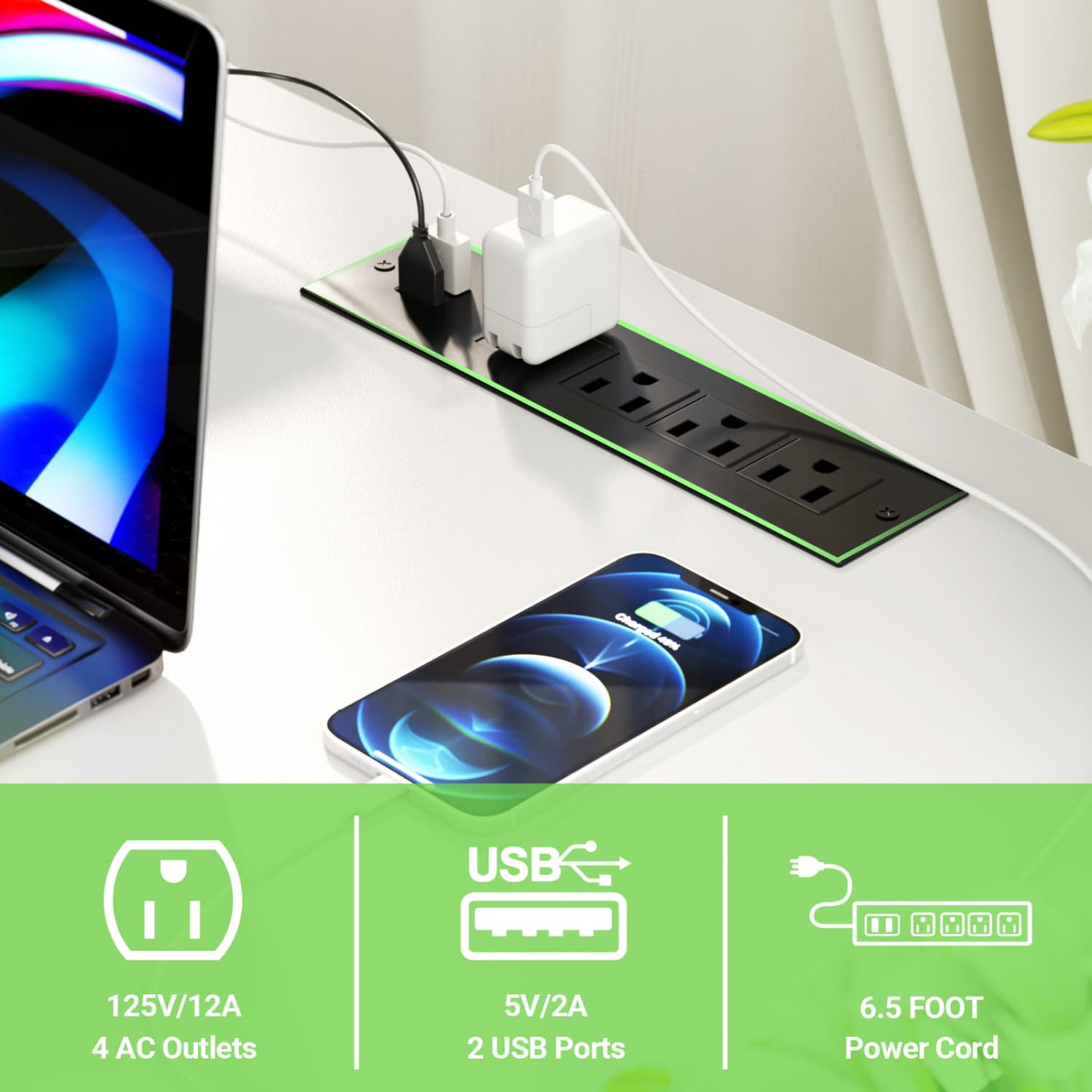 L Shape Desk with Charging Station, Computer Desk with LED Light