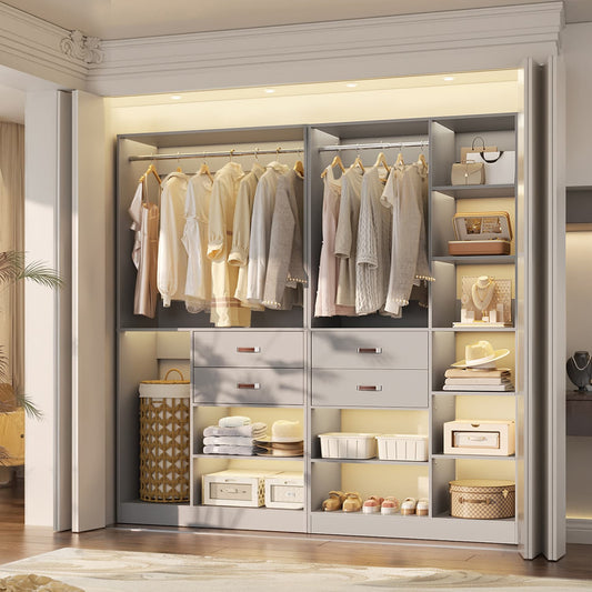 80-In Closet System Set with Wood Drawers, Freestanding Closet Organizer with Hanging Rods