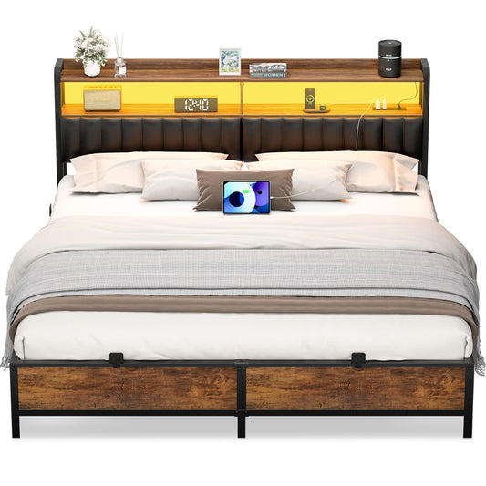 Bed Frame with Upholstered Storage Headboard and LED Light