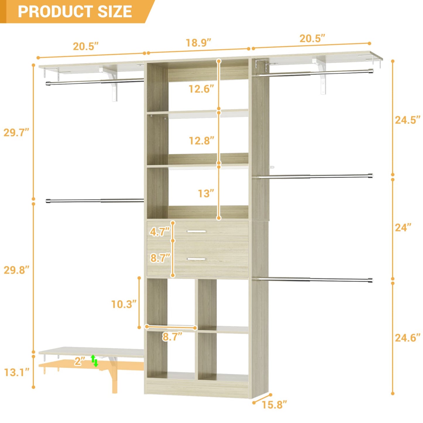 5FT Closet Organizer with Wood Drawers and Cubbies, Small Closet System with 5 Hanging Rods