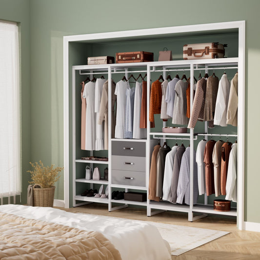 74-In Closet Organizer System with Wood Drawers, Freestanding Corner Garment Rack