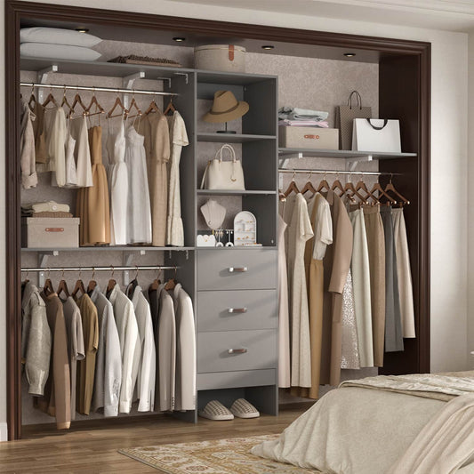96-In Closet Organizer with Wood Drawers, Closet System with Hanging Rods and Storage Shelves