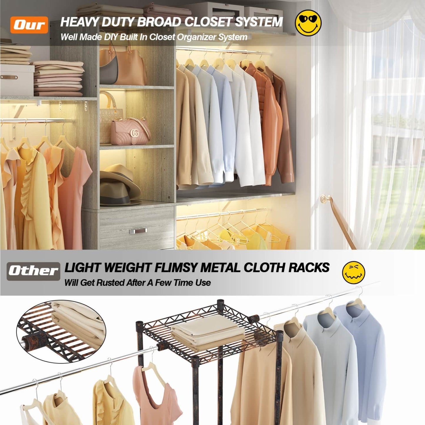 96-In Closet Organizer with Wood Drawers, Closet System with Hanging Rods and Storage Shelves