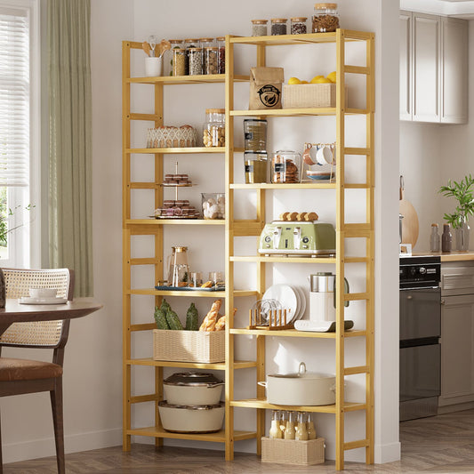 Dual Bamboo Bookshelf with 12 Open Shelves, 41-In Display Storage Shelving