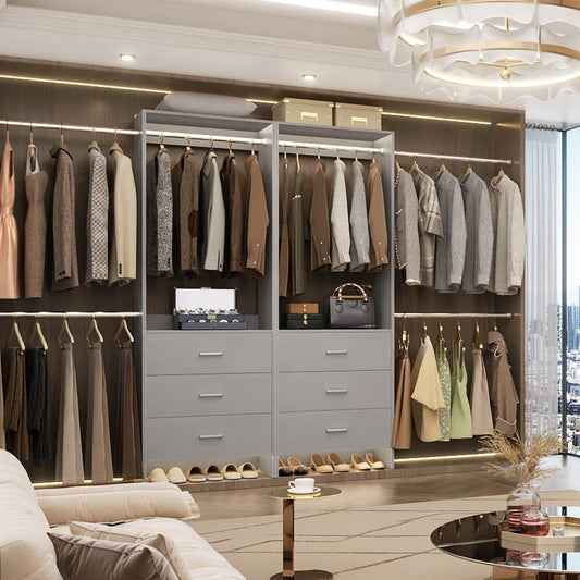 142-In Closet System Set with Extendable Hanging Rods, Closet Organizer with Drawers