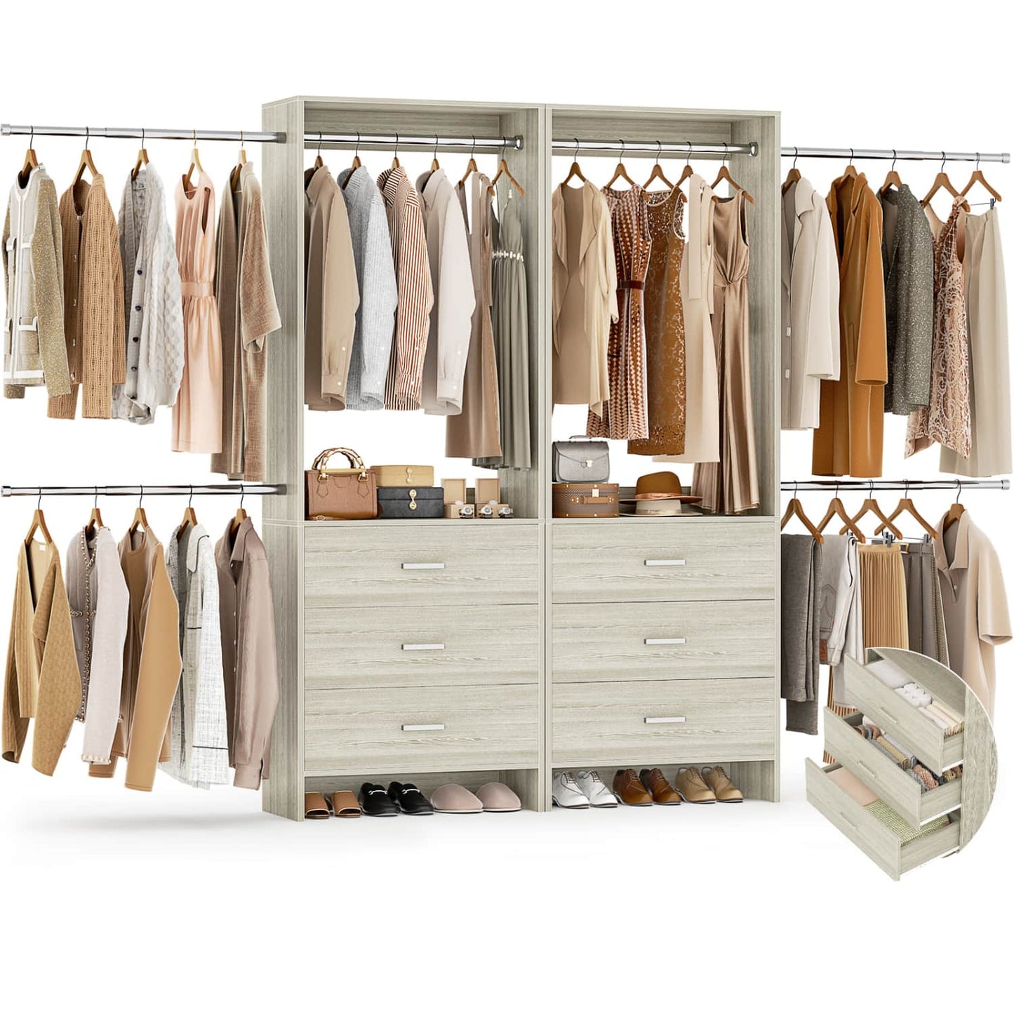 142-In Closet System Set with Extendable Hanging Rods, Closet Organizer with Drawers