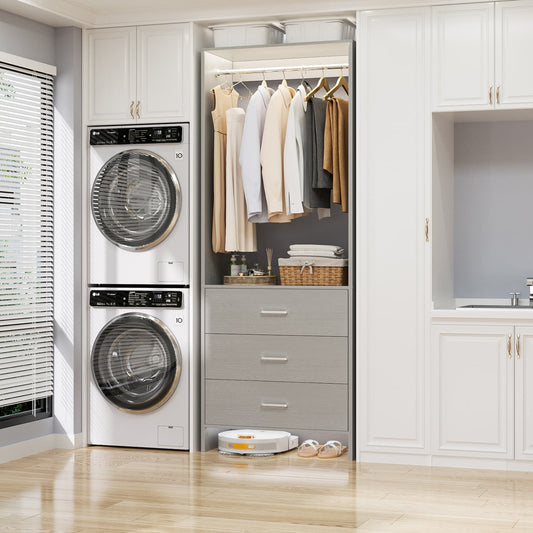 24-In Closet Organizer System with Wooden Drawers, Freestanding Wardrobe with Hanging Rod