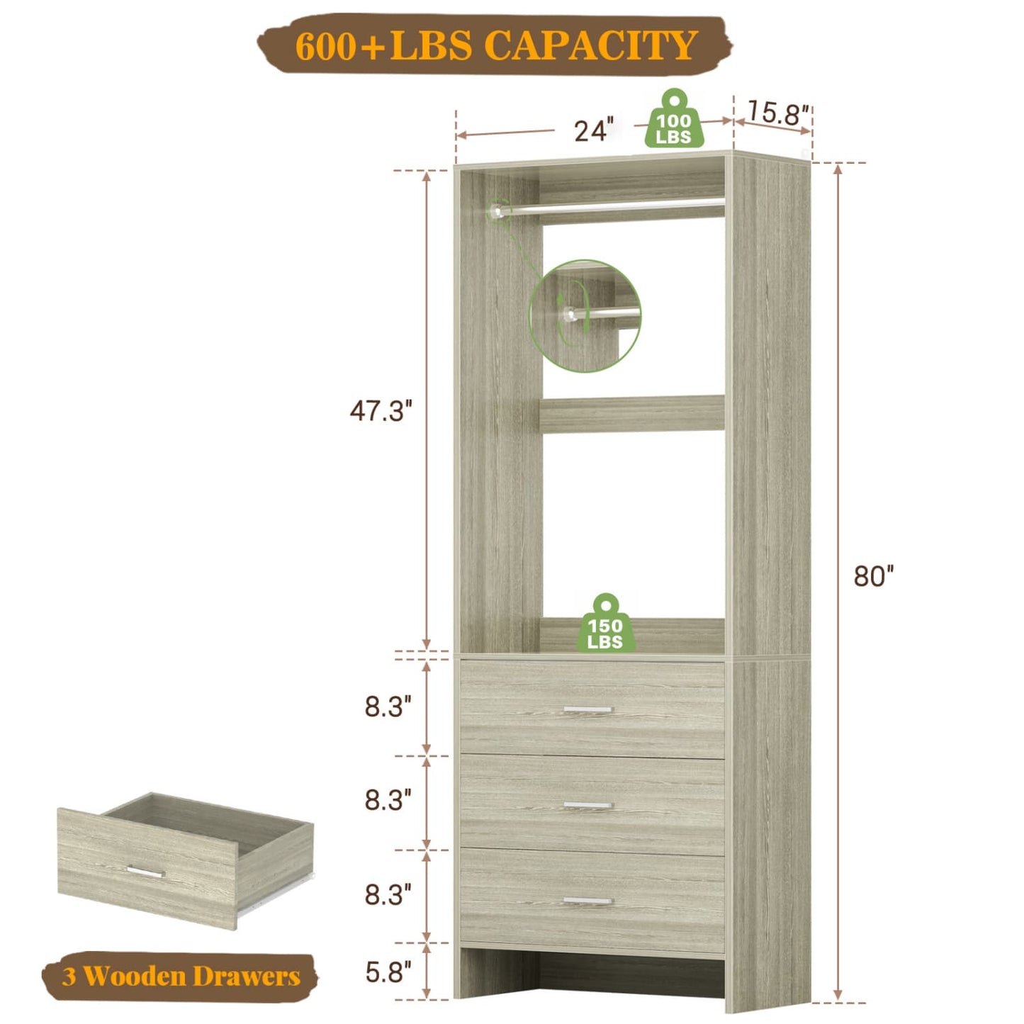 24-In Closet Organizer System with Wooden Drawers, Freestanding Wardrobe with Hanging Rod