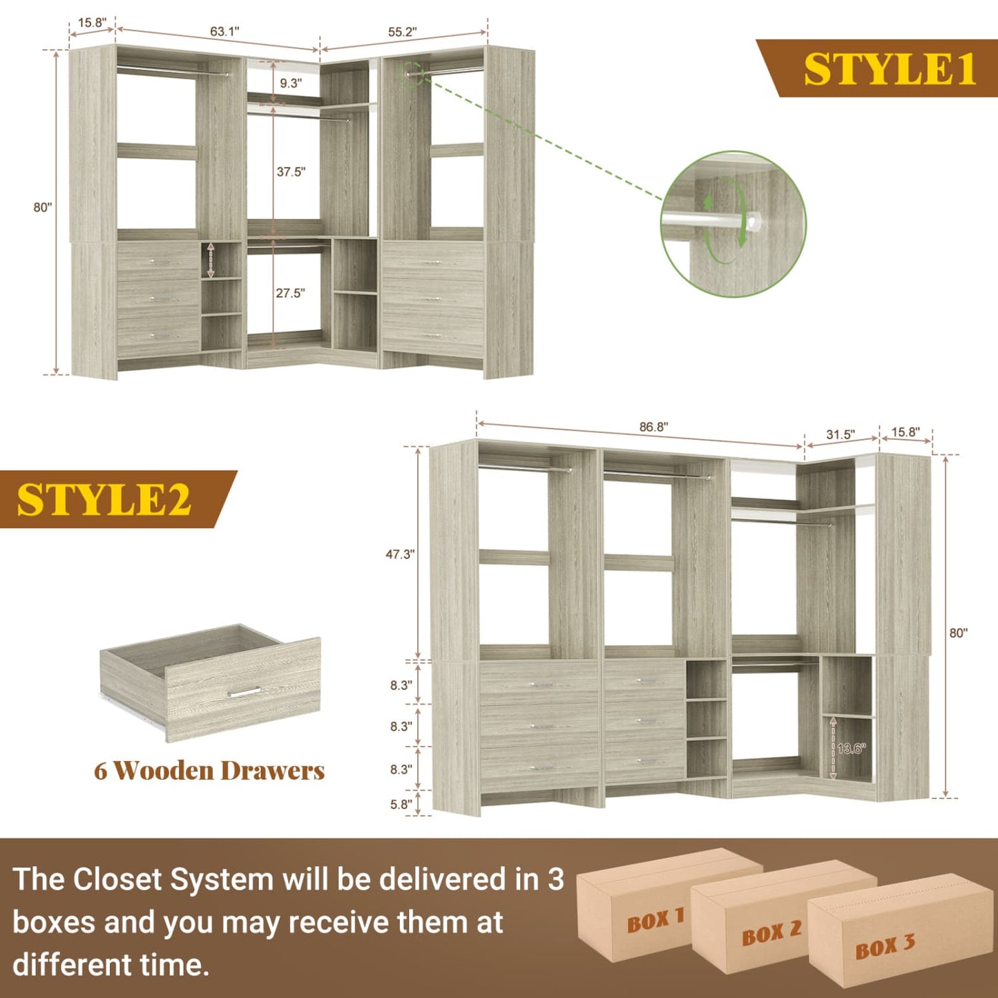 86-In Closet System Set with Wood Drawers, Corner Closet Organizer with Hanging Rods