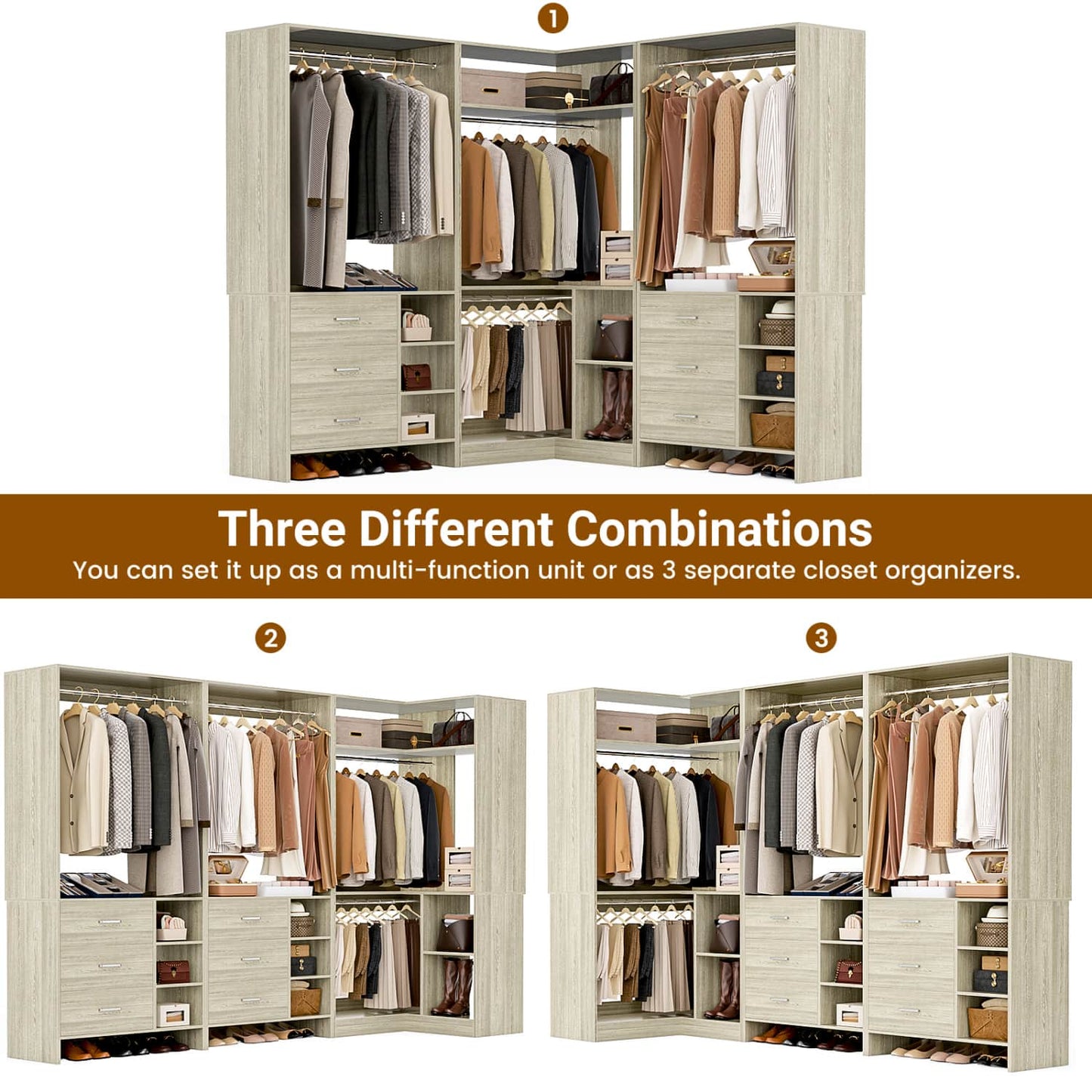 92-In Closet System Set with Wood Drawers, Corner Closet Organizer with Hanging Rods