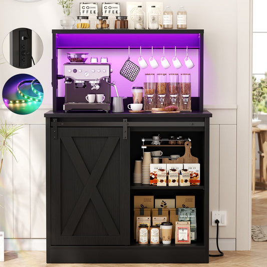 Kitchen Storage Cabinet with Charging Station, Farmhouse Coffee Bar Cabinet with Bar Door