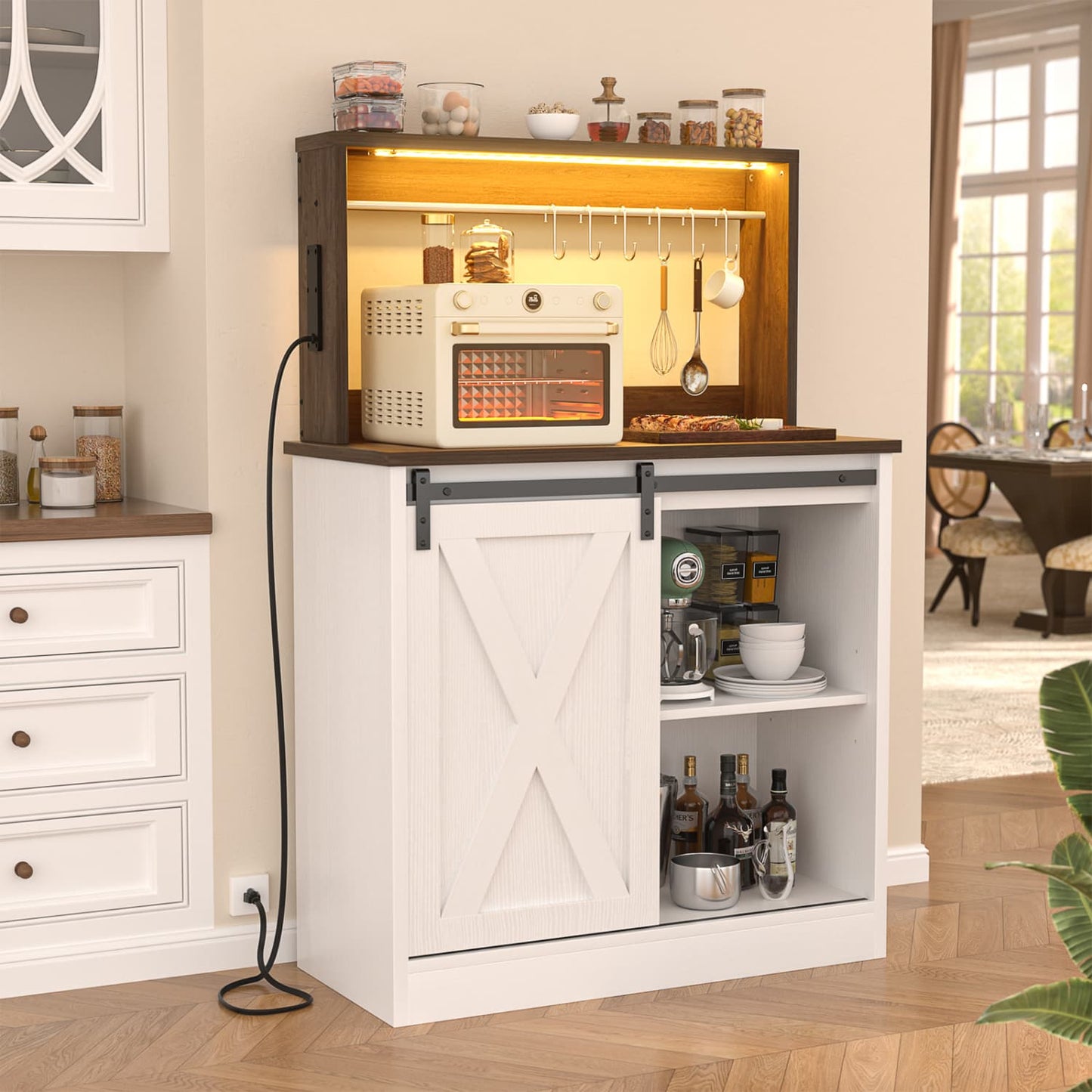 Kitchen Storage Cabinet with Charging Station, Farmhouse Coffee Bar Cabinet with Bar Door