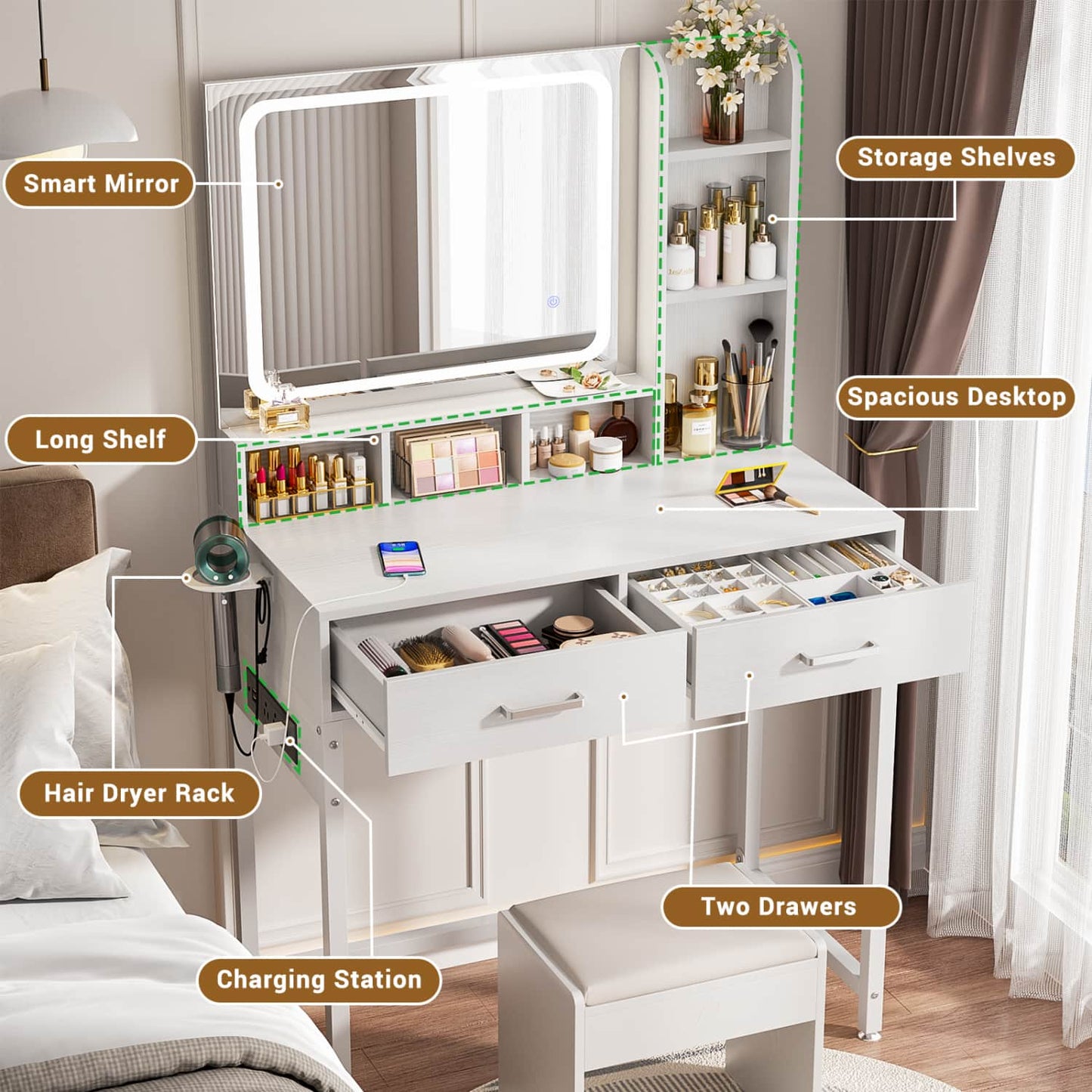 Vanity Desk with LED Mirror, Makeup Table with Charging Station