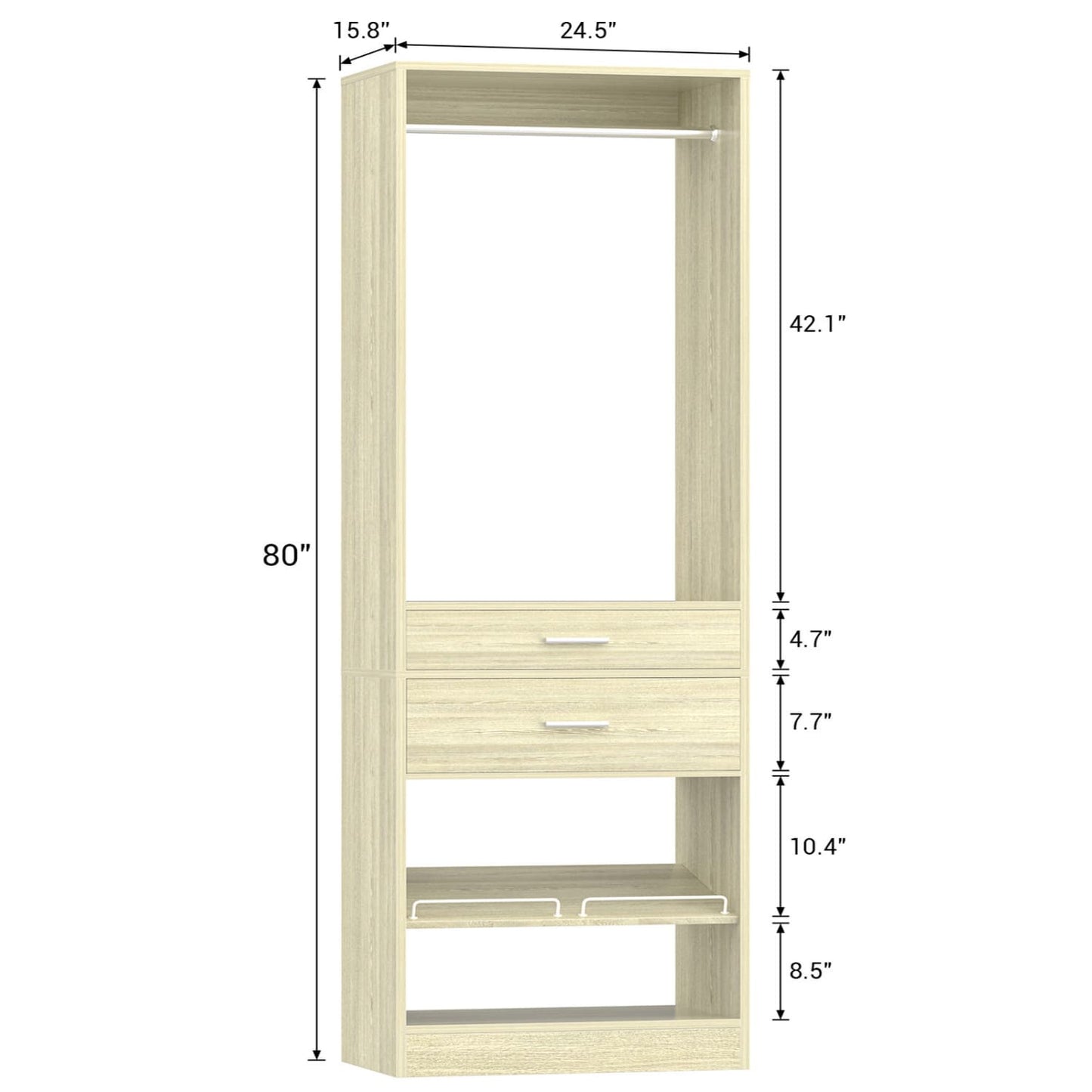 25-In Closet Organizer with Wood Drawers and Shoe Rack, Freestanding Closet System with Hanging Rods