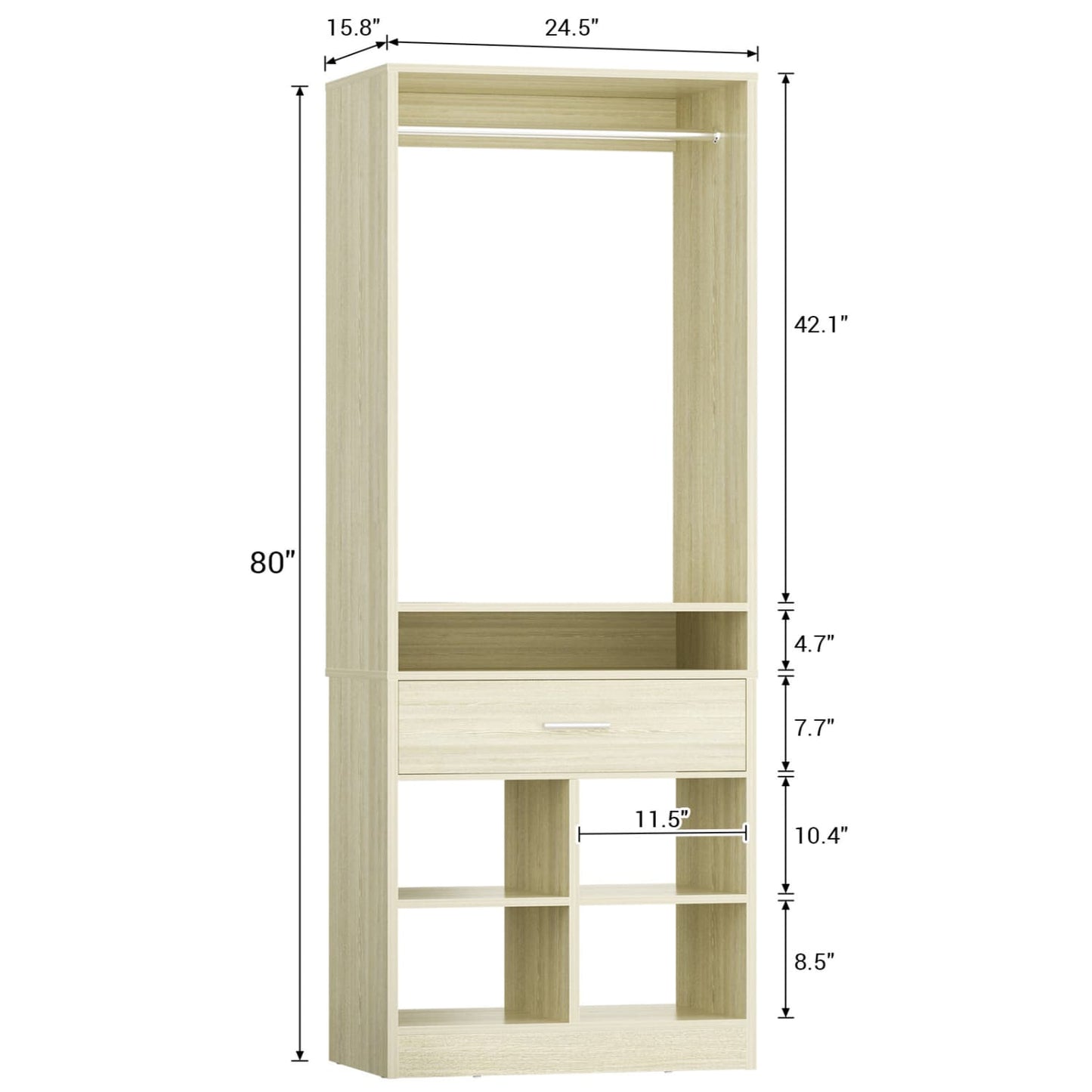 25-In Closet Organizer with Wood Drawers and Cubbies, Freestanding Closet System with Hanging Rods