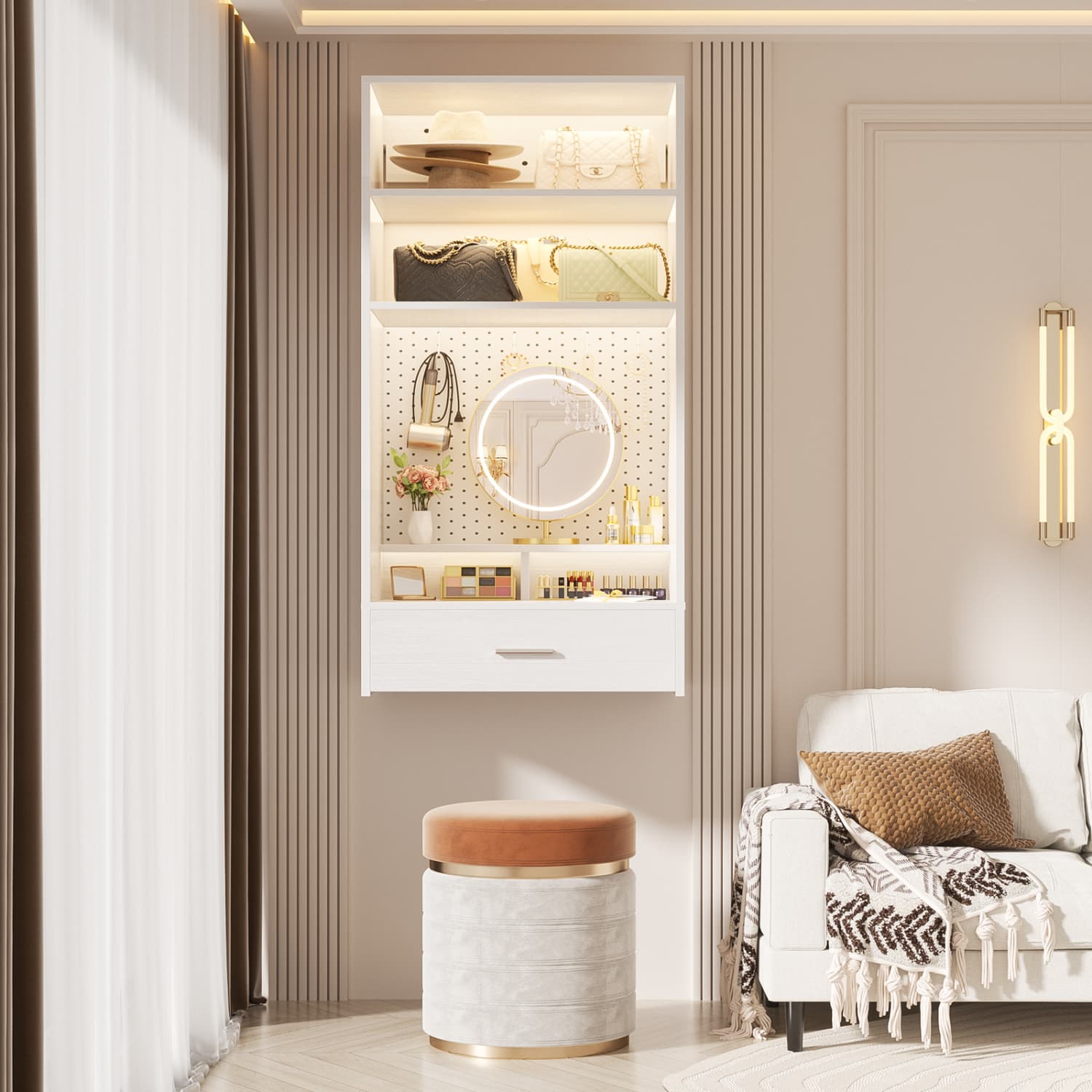 wall fitting dressing table Modern Black Makeup Vanity Set Mirrored Dressing Table with Jewelry Storage & Glass TopHomary