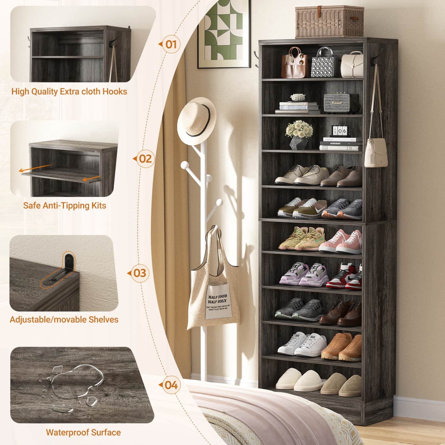 Shoe Storage Cabinet, 10-Tier Shoe Rack With Drawers