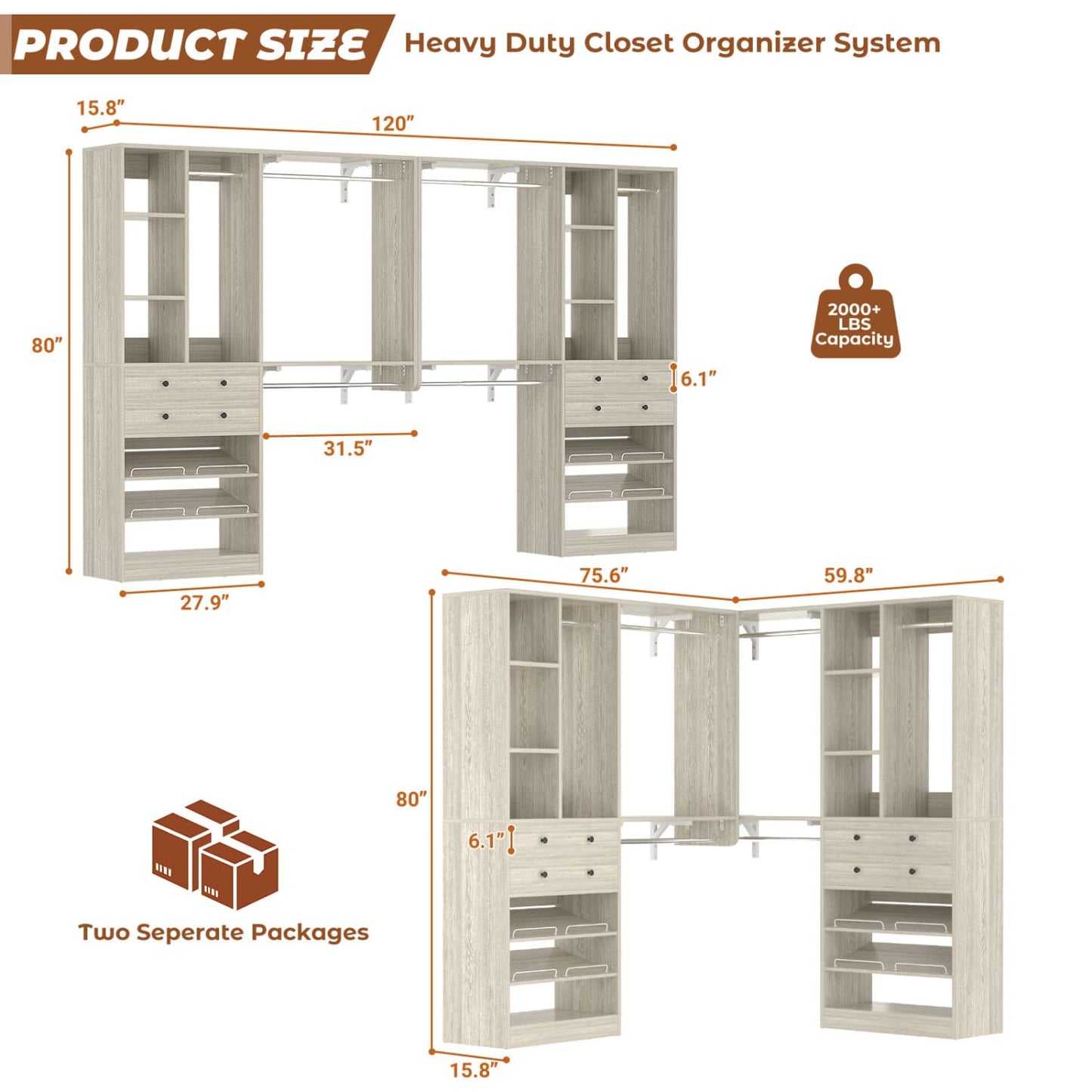 117.8" Closet System with Wood Drawers, Shoe Racks, Hanging Rods