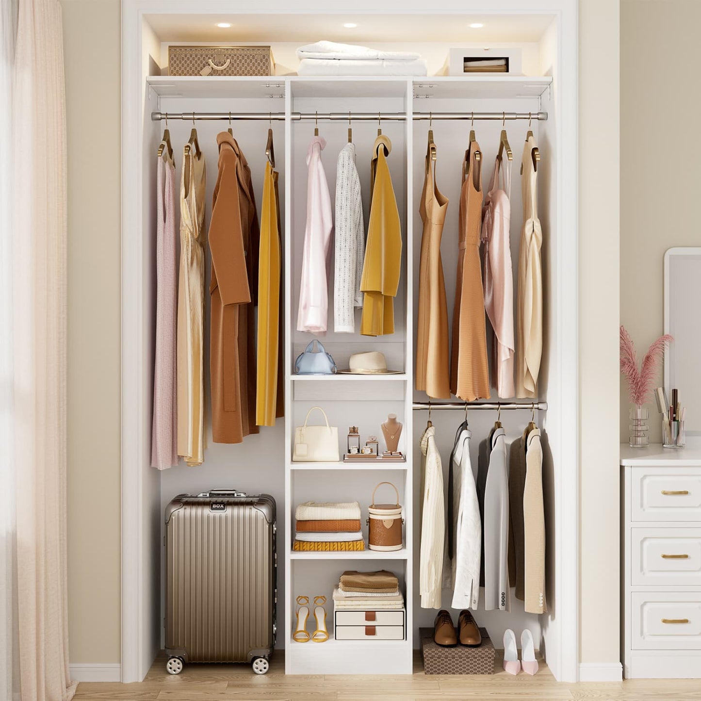 47'' W Closet System with Hanging Rods and Shelves, Closet Organizer for Bedroom