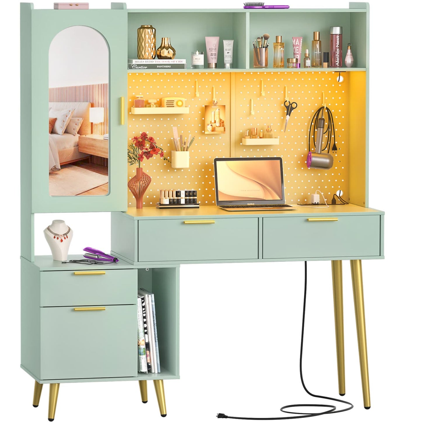 Makeup Vanity with Hutch, LED Lighted Mirror & Charging Station