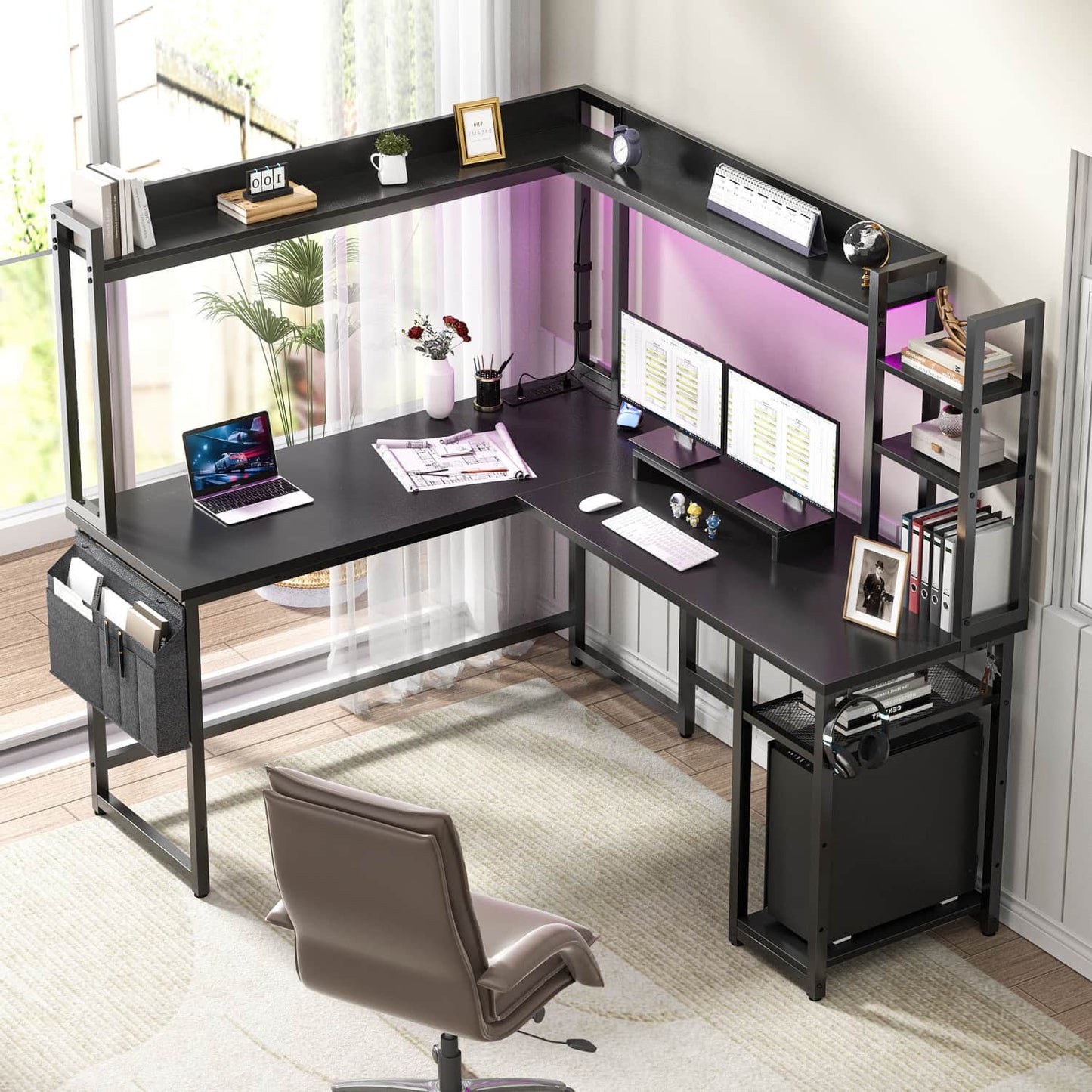 Corner Computer Desk with Hutch and Led Lights, L-Shaped Desk with Power Outlet