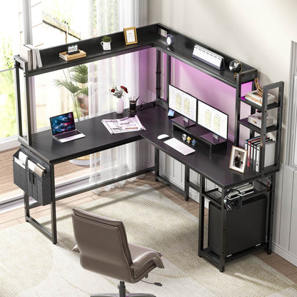 Corner Computer Desk with Hutch and Led Lights, L-Shaped Desk with Power Outlet