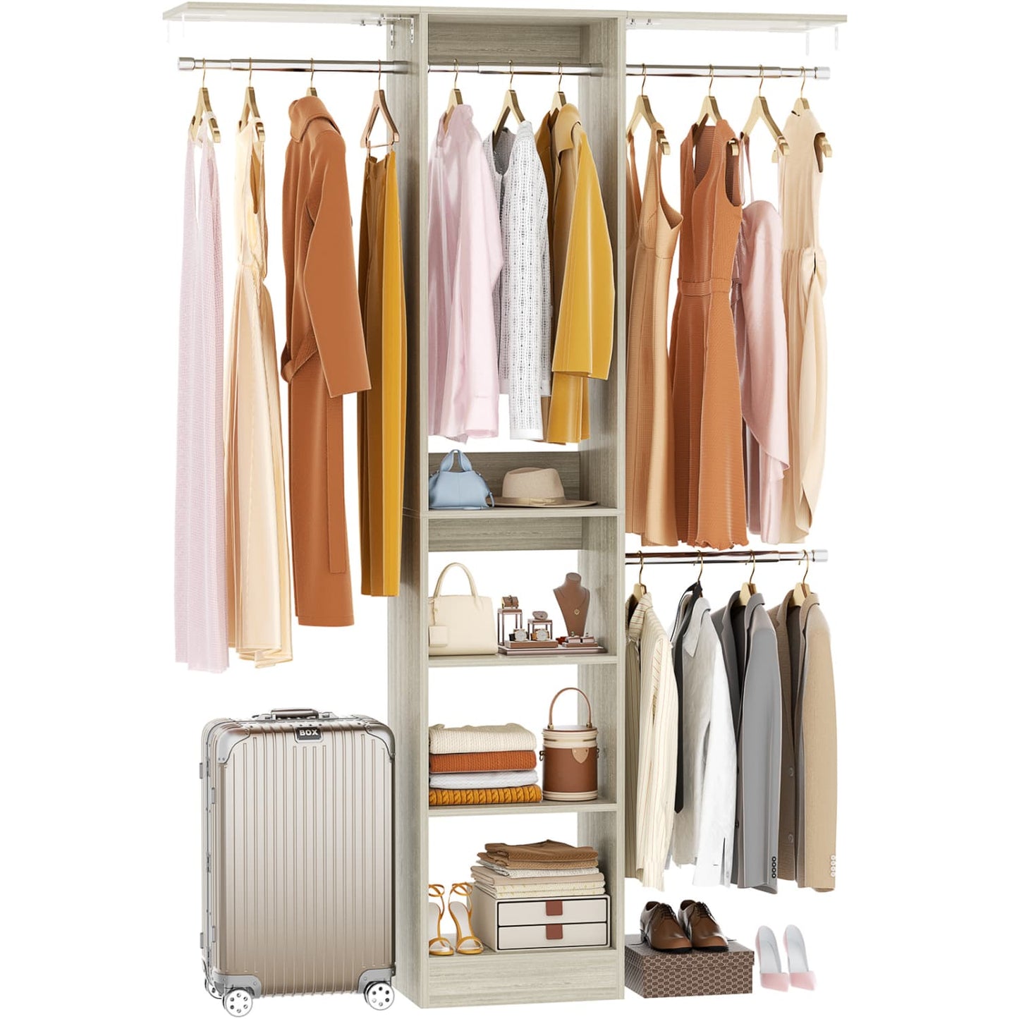 47'' W Closet System with Hanging Rods and Shelves, Closet Organizer for Bedroom