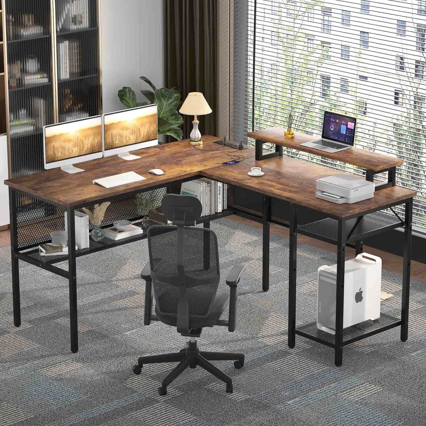 L Shape Desk with Charging Station, Computer Desk with LED Light