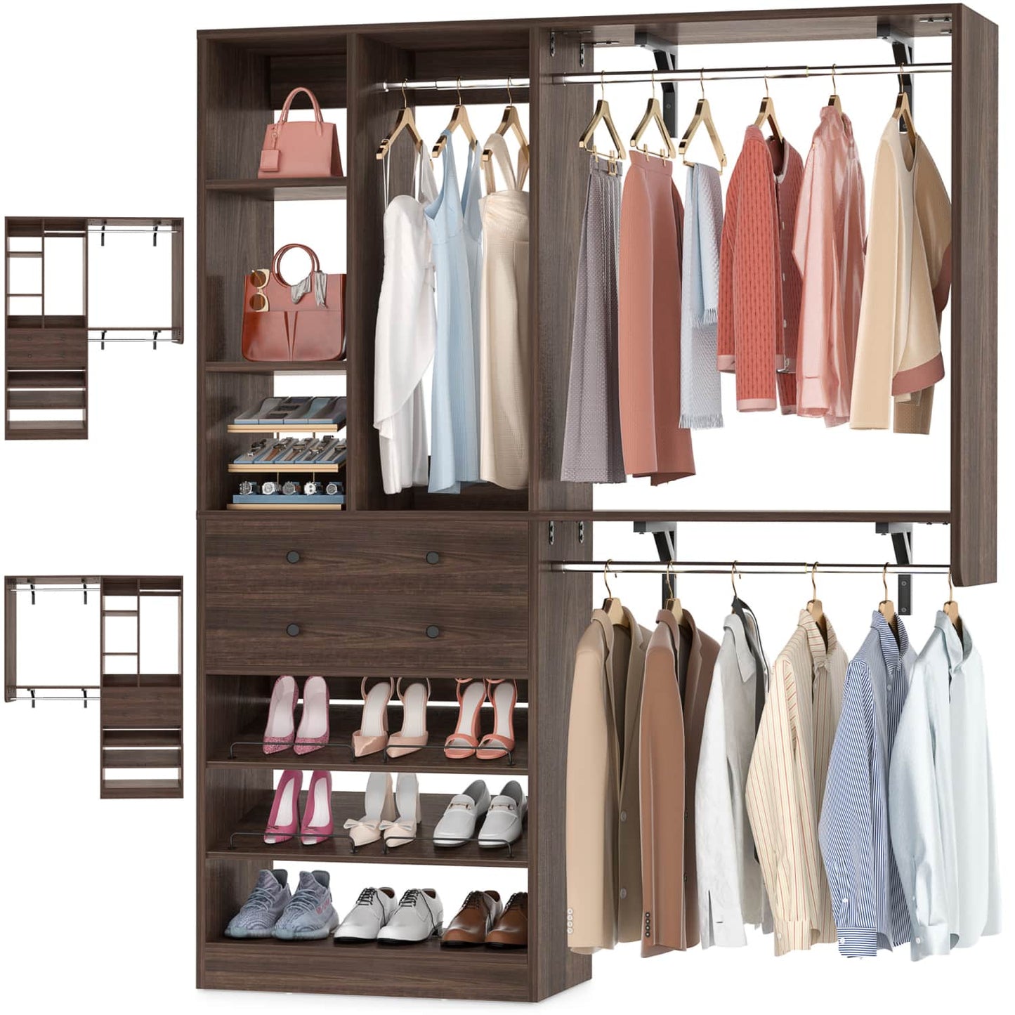 Closet System with Wooden Drawers and Two Hanging Rods