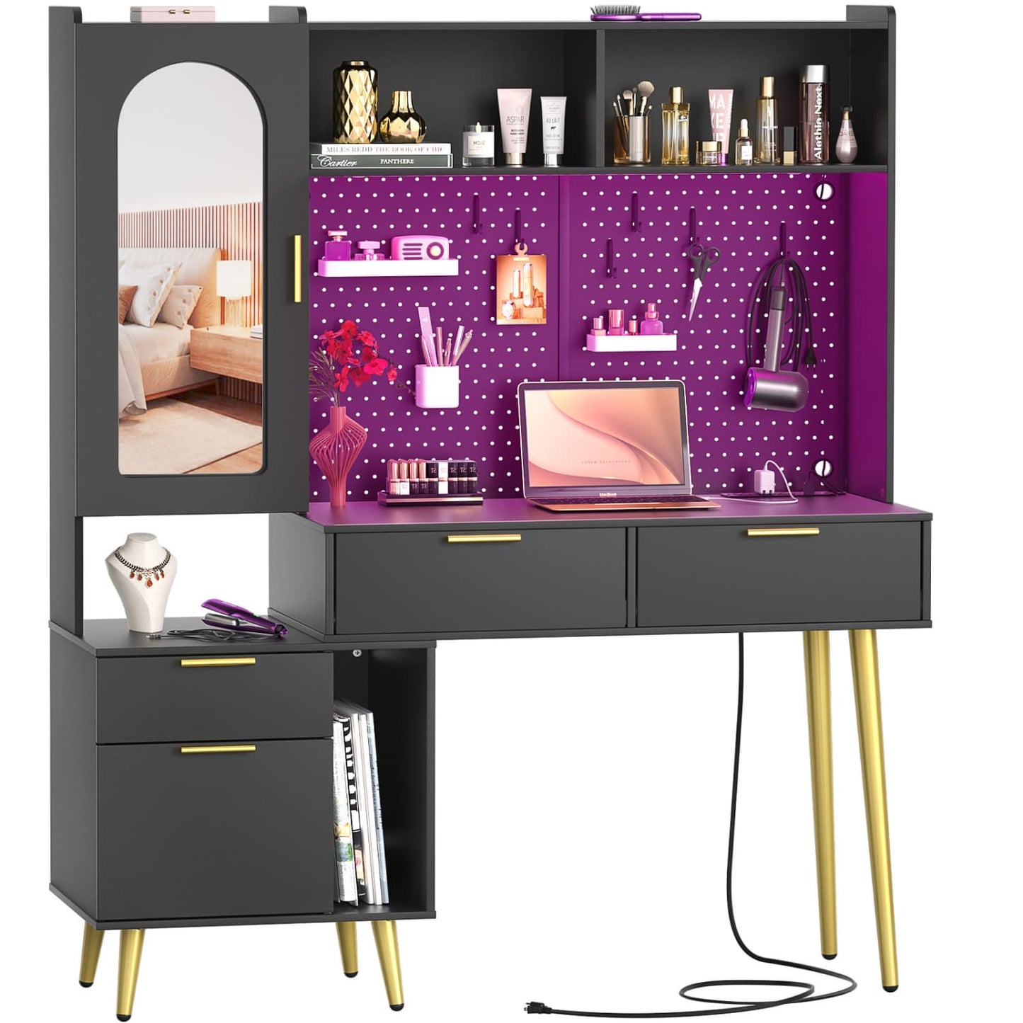 Makeup Vanity with Hutch, LED Lighted Mirror & Charging Station