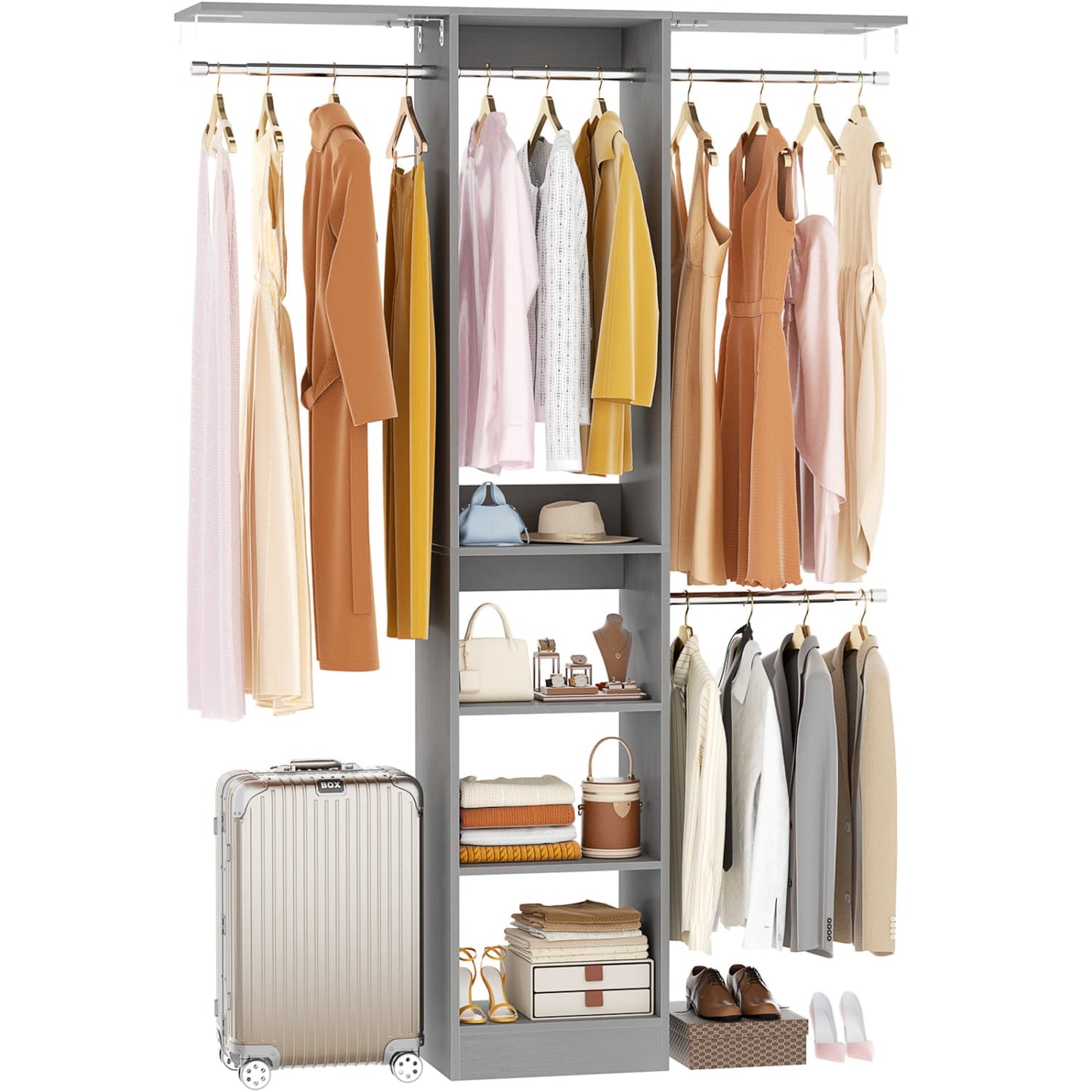 47'' W Closet System with Hanging Rods and Shelves, Closet Organizer for Bedroom