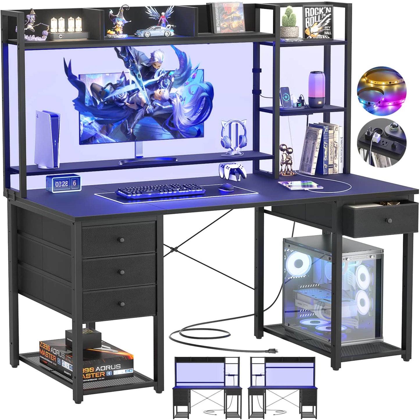 Computer Desk with LED Light, Power Outlet, Farbric Drawers