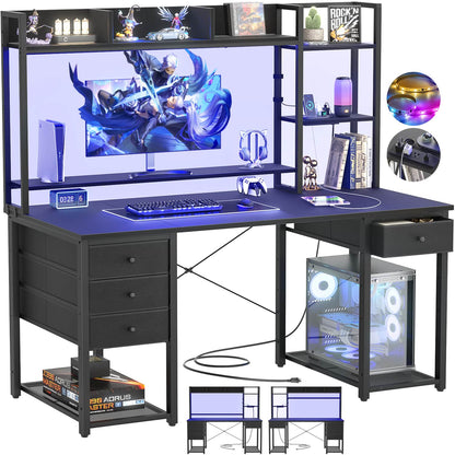 Computer Desk with LED Light, Power Outlet, Farbric Drawers