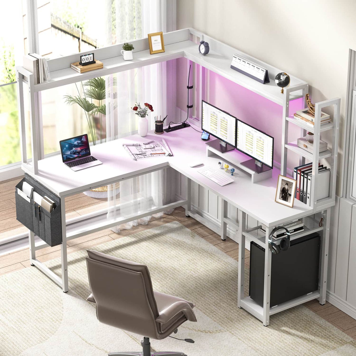Corner Computer Desk with Hutch and Led Lights, L-Shaped Desk with Power Outlet