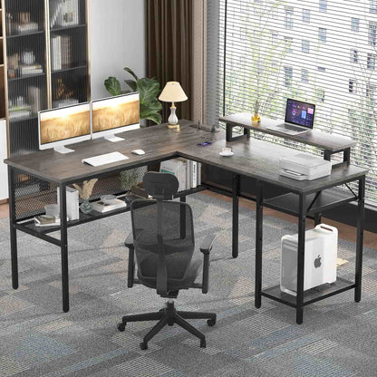 L Shape Desk with Charging Station, Computer Desk with LED Light