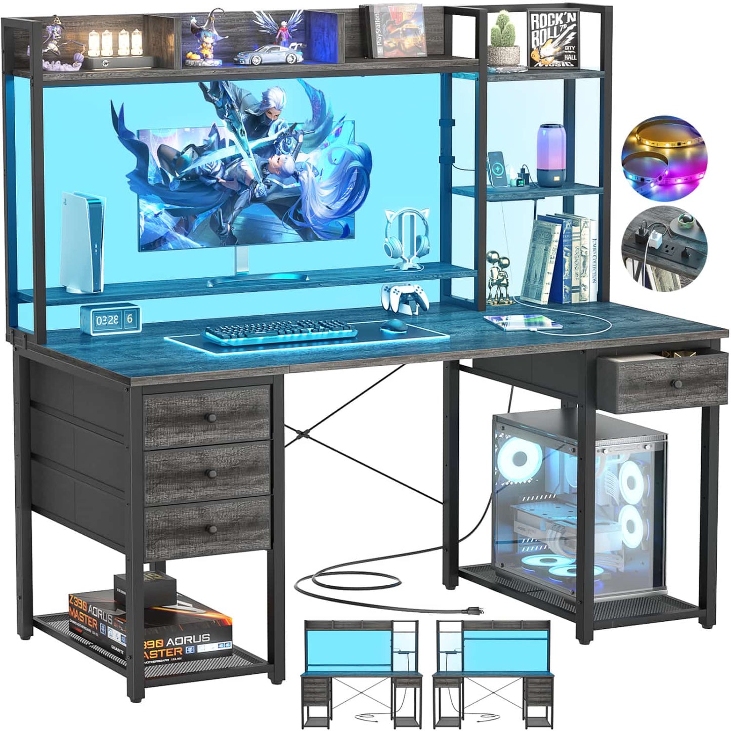 Computer Desk with LED Light, Power Outlet, Farbric Drawers
