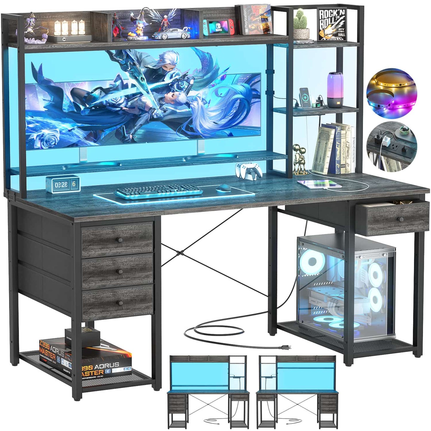 Computer Desk with LED Light, Power Outlet, Farbric Drawers