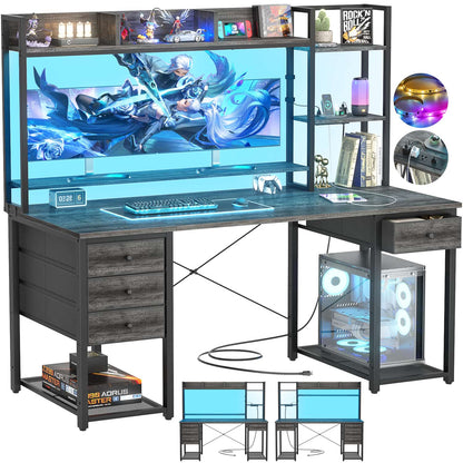 Computer Desk with LED Light, Power Outlet, Farbric Drawers