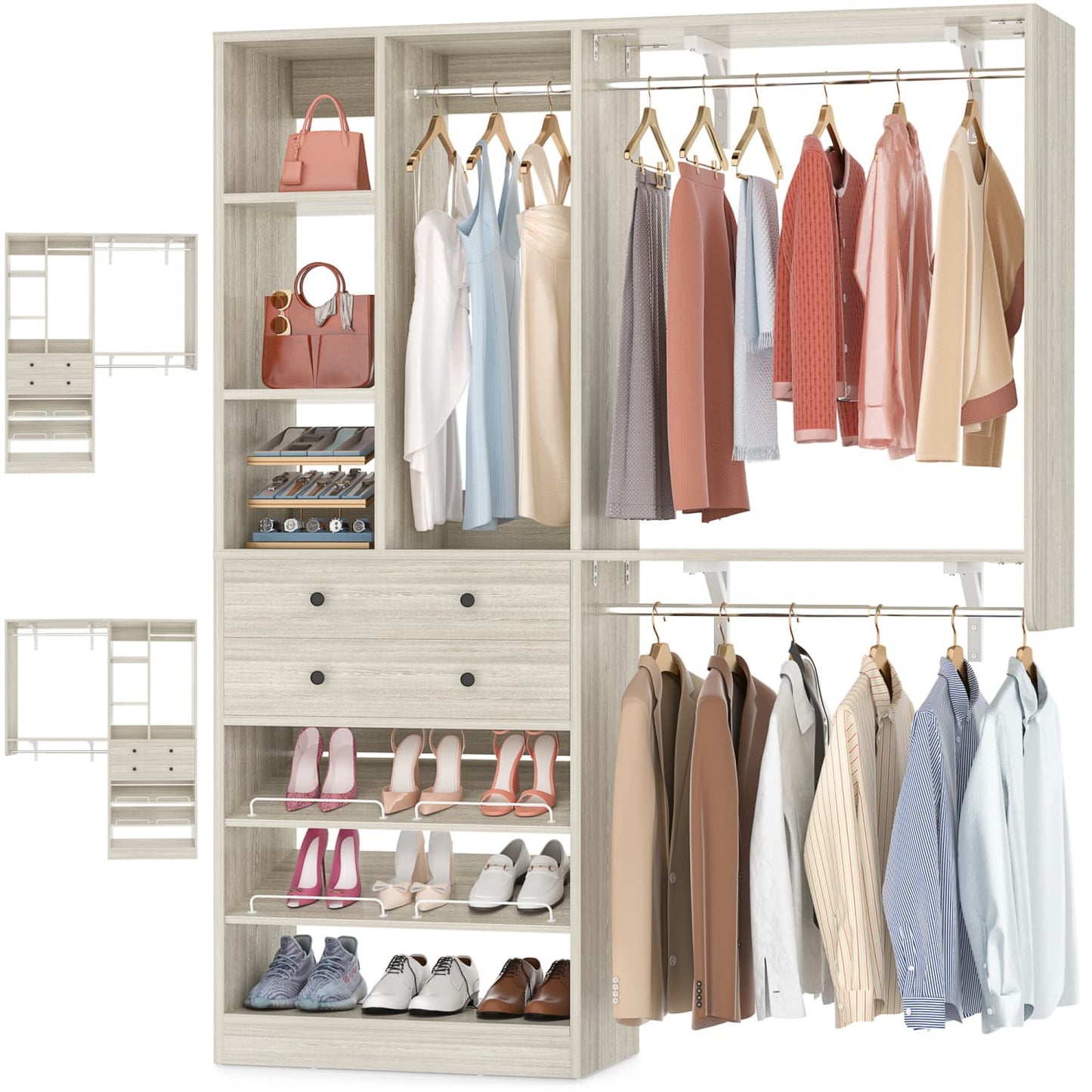 Closet System with Wooden Drawers and Two Hanging Rods