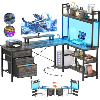 L Shaped Computer Desk with Hutch, Power Outlets, LED Lights & Storage Drawers