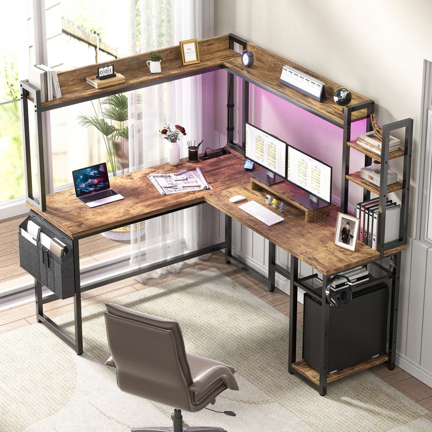 Corner Computer Desk with Hutch and Led Lights, L-Shaped Desk with Power Outlet
