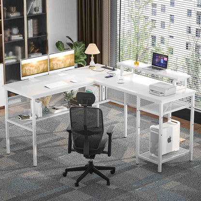 L Shape Desk with Charging Station, Computer Desk with LED Light