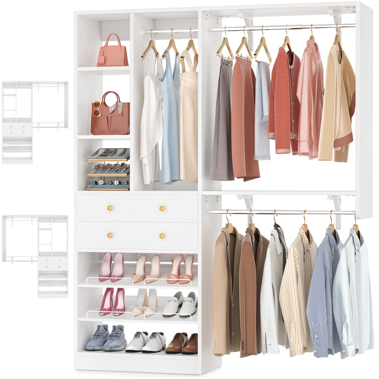 Closet System with Wooden Drawers and Two Hanging Rods