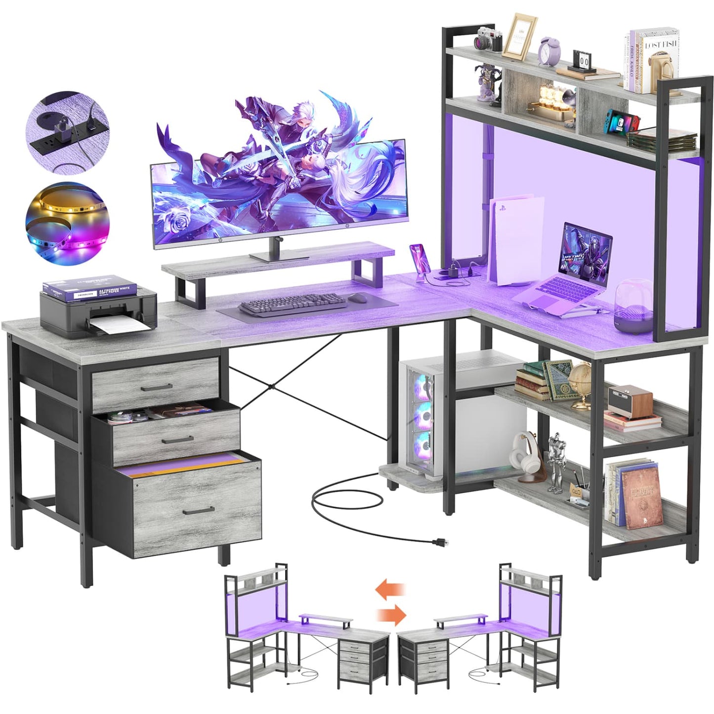 L Shaped Computer Desk with Hutch, Power Outlets, LED Lights & Storage Drawers