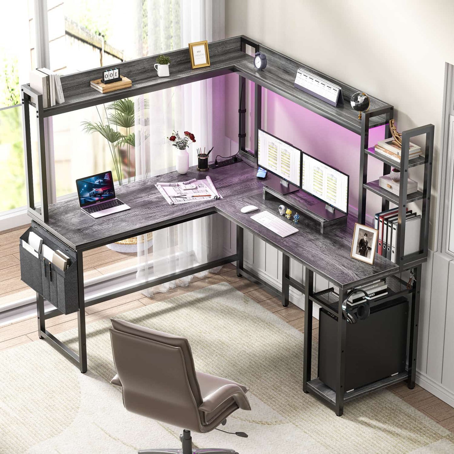 Corner Computer Desk with Hutch and Led Lights, L-Shaped Desk with Power Outlet