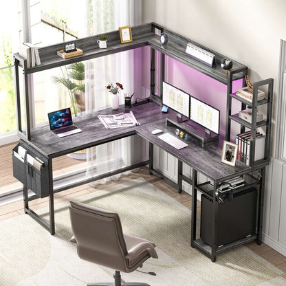 Corner Computer Desk with Hutch and Led Lights, L-Shaped Desk with Power Outlet